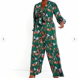 Eloquii Green Floral Tie-Front Jumpsuit